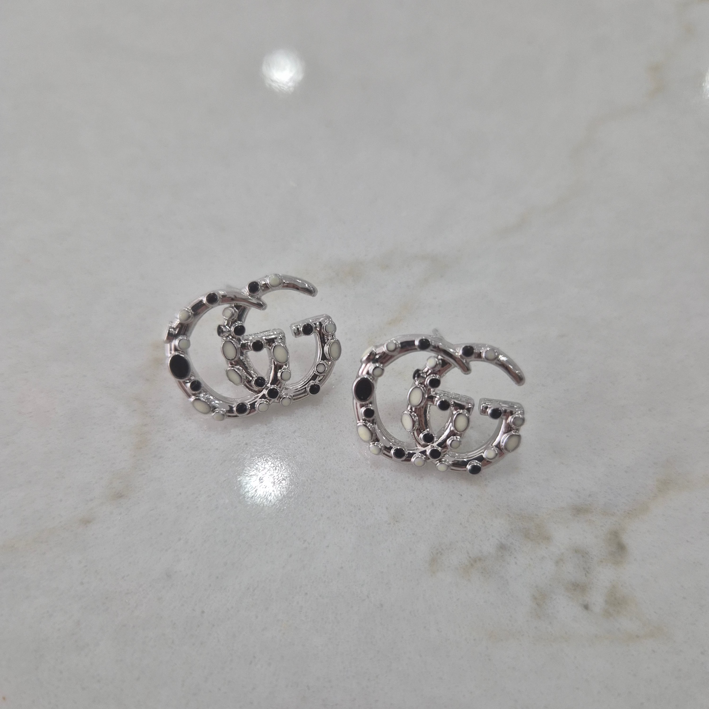 Gucci Silver Earrings With Black & White Design
